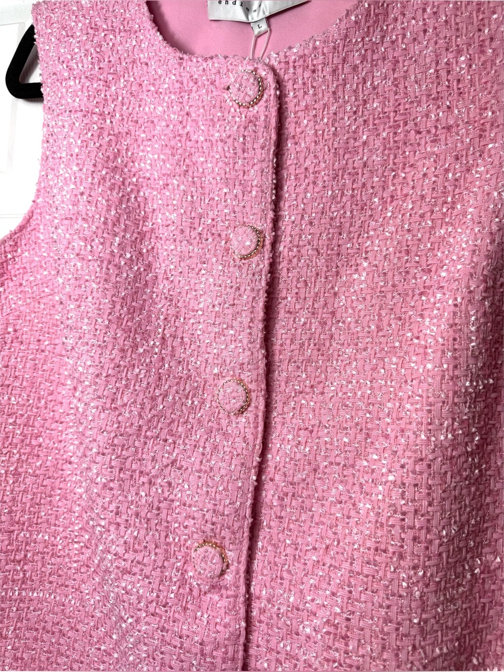Endless Rose Pink Tweed Mini Dress Sleeveless Button Front Pockets Size Large - Picture 6 of 12